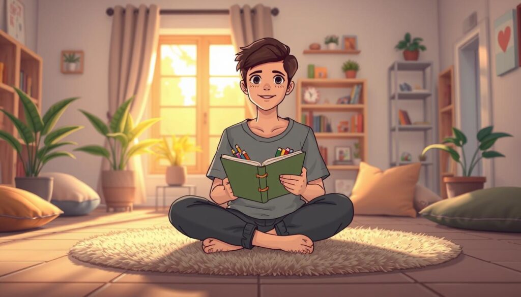 A serene and inviting scene depicting a peaceful indoor space designed for self-reflection. In the foreground, a young adult, dressed in modest casual clothing, sits cross-legged on a plush rug, surrounded by soft cushions. They hold a journal with colorful pens, symbolizing the process of exploring their inner child’s needs. In the middle ground, a window lets in warm, golden sunlight, casting gentle shadows. Plants in decorative pots add a touch of nature, enhancing the calming atmosphere. In the background, shelves filled with books and personal mementos create a cozy, nurturing environment. The overall mood is one of tranquility and self-discovery, inviting the viewer to reflect on their emotional journey. The image is illuminated with soft, natural lighting, captured with a shallow depth of field to focus on the young adult. nextself.ai