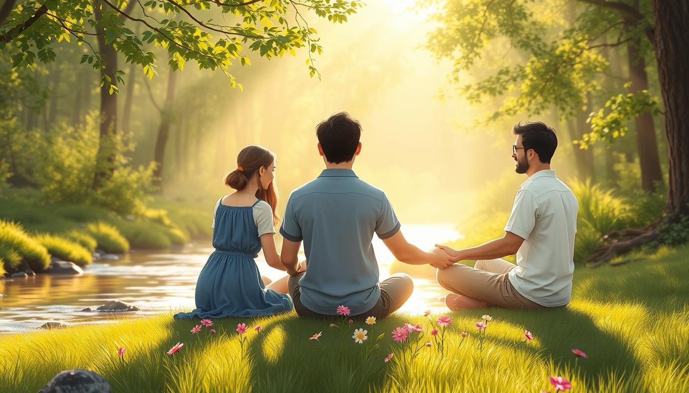 Three people sitting together on a riverbank in soft morning light, in calm conversation